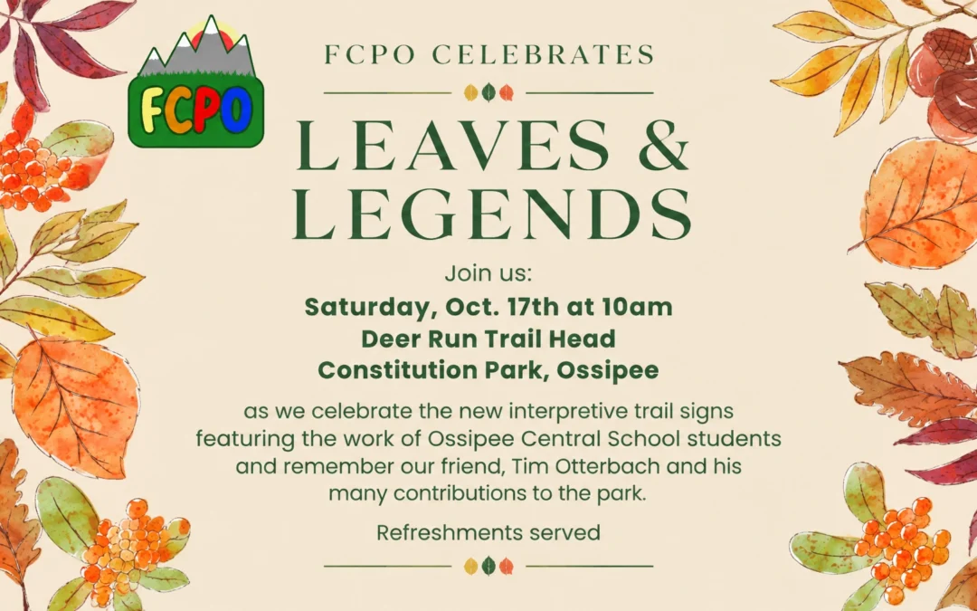 Leaves & Legends celebration, October 17 at 10 a.m. at the Deer Run Trailhead, honoring student trail signs and Tim Otterbach.